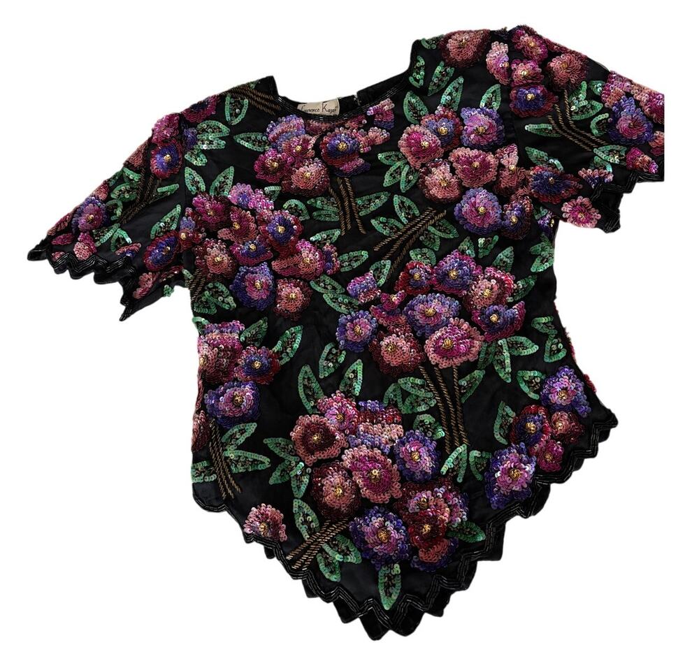Laurence Kazar Black Silk Sequins Flowers Pink Light Petite Large Purple Green